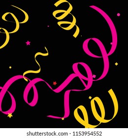 Colorful star ribbon confetti. Fallen glitter vector background. Colorful geometric stars and ribbons explosion for invitation card. New year, anniversary, party celebration template. Abstract design.