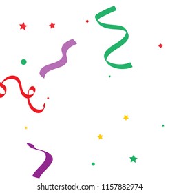 Colorful star ribbon confetti. Fallen glitter vector background. Colorful geometric stars and ribbons explosion for invitation card. New year, christmas, anniversary celebration template. Fun design.