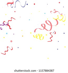 Colorful star ribbon confetti. Fallen glitter vector background. Colorful geometric stars and ribbons explosion for invitation card. Abstract anniversary, new year, celebration template. Fun design.