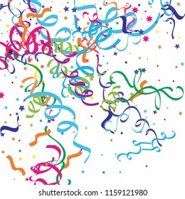 Colorful star ribbon confetti. Fallen glitter background. Geometric stars and ribbons explosion for invitation card. New year, christmas, anniversary celebration template. Abstract design vector.