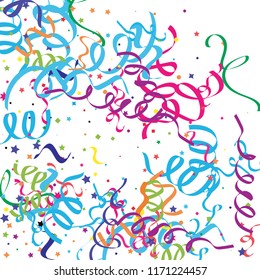 Colorful star ribbon confetti. Fallen glitter background. Geometric stars and ribbons explosion for invitation card. New year, christmas, anniversary celebration template. Abstract design vector.
