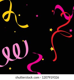 Colorful star ribbon confetti. Fallen glitter vector background. Colorful geometric stars and ribbons explosion for invitation card. New year, anniversary, party celebration template. Abstract design.