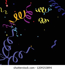 Colorful star ribbon confetti. Fallen glitter vector background. Colorful geometric stars and ribbons explosion for invitation card. New year and christmas celebration template. Fun design.