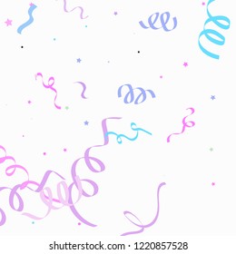 Colorful star ribbon confetti. Fallen glitter vector background. Holographic stars and ribbons explosion for invitation card. New year, christmas, anniversary celebration template. Fun design.
