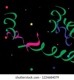 Colorful star ribbon confetti. Fallen glitter vector background. Colorful geometric stars and ribbons explosion for invitation card. New year, anniversary, party celebration template. Abstract design.