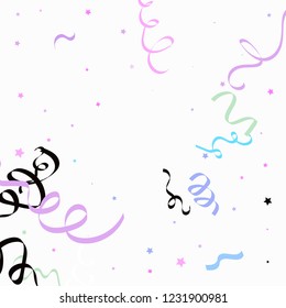 Colorful star ribbon confetti. Fallen glitter vector background. Holographic stars and ribbons explosion for invitation card. New year, christmas, anniversary celebration template. Fun design.