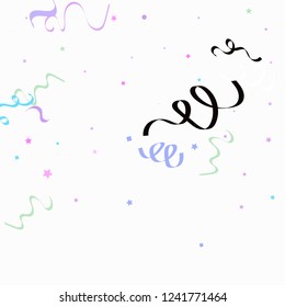 Colorful star ribbon confetti. Fallen glitter vector background. Holographic stars and ribbons explosion for invitation card. New year, christmas, anniversary celebration template. Fun design.