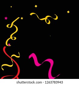 Colorful star ribbon confetti. Fallen glitter vector background. Colorful geometric stars and ribbons explosion for invitation card. New year, anniversary, party celebration template. Abstract design.