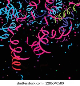 Colorful star ribbon confetti. Fallen glitter vector background. Colorful geometric stars and ribbons explosion for invitation card. New year and christmas celebration template. Fun design.