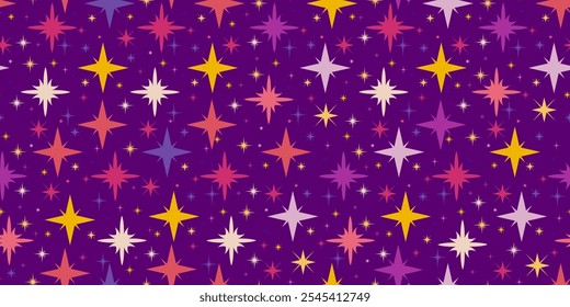 Colorful Star Seamless Pattern with Flat Sparkes Symbols. Cute background with glowing lights. Modern holiday design with different star shapes 