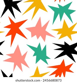 Estrella colorida sin patrón. Amarillo, rojo, verde y negro infantil fondo repetitivo. Dibujos animados brillantes y chispas adornan el Fondo de pantalla. Vector brillante guardería repetido telón de fondo