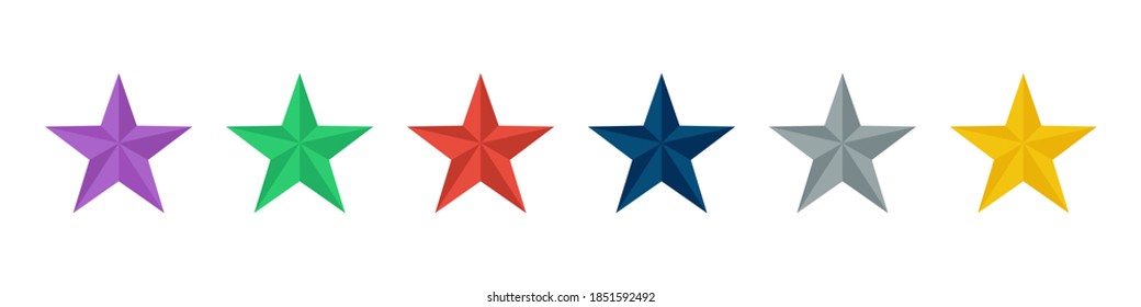 Colorful star. Set of 3D stars diferents color on white background. Vector icon . Collection of 6 three-dimensional stars. 10 eps