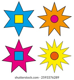 Colorful star shapes. Geometric design elements. Bright abstract patterns. Multicolor vector objects. EPS 10.