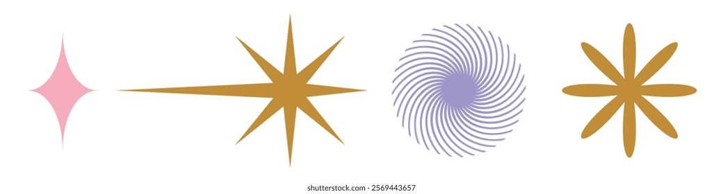 Colorful star shapes, including pink diamond, gold starbursts, and a purple spiral. Star shapes and starbursts in vibrant colors create a dynamic design. Geometric elements, vector set.