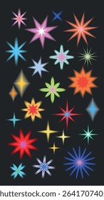 Colorful star shapes on a dark background. Bright stars in various colors and sizes. Star patterns with vibrant colors. Diverse star shapes create a vivid display. Cute glowing element set vector.