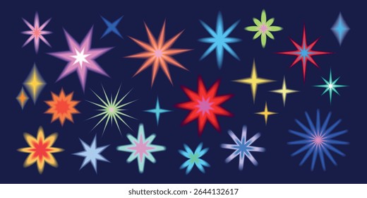 Colorful star shapes in various sizes and colors on a dark background. Bright stars, vibrant colors, and diverse shapes create a dynamic and lively design. Cute glowing element set vector.