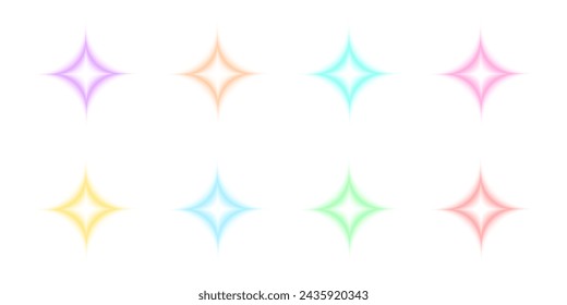Colorful star sparkle shapes in blurry style isolated on white background. Trendy y2k stickers with trendy gradient aura effect. Vector illustration.