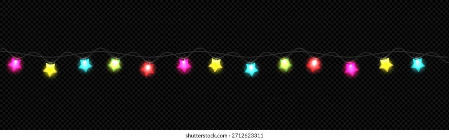 Luzes coloridas da corda da estrela - Festivo pendurado Garland com estrelas multicoloridas brilhantes no fundo escuro para decoração de férias