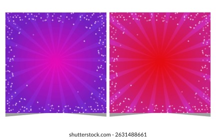 Colorful starburst backgrounds in pink and purple colors with glowing light rays and sparkles, perfect for festive or celebratory designs.