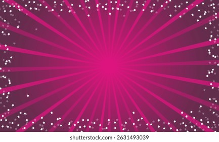 Colorful starburst horizontal background in pink and purple with glowing light rays and sparkles, perfect for festive or celebratory designs.