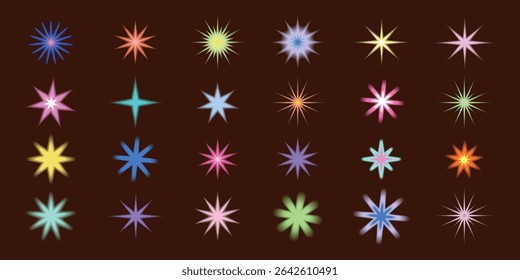 Ícones coloridos de explosão em um plano de fundo marrom. Cada starburst varia em cor e forma, criando um padrão vibrante e diversificado de projetos de starburst. Vetor de conjunto de elementos brilhante bonito.
