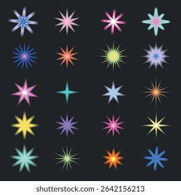 Colorful starburst icons on a dark background. Bright starburst designs in various colors. Starburst patterns include pink, blue, yellow, and green starbursts. Cute glowing element set vector.