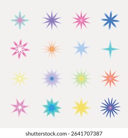 Colorful starburst icons in various shades and styles on a white background. Each starburst features unique colors and designs, creating a vibrant pattern. Cute glowing element set vector.