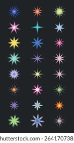 Colorful starburst icons in various shapes and colors on a dark background. Bright starburst designs include blue, pink, yellow, and green starbursts. Cute glowing element set vector.