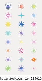 Colorful starburst icons in various shapes and hues, including blue, pink, and orange. Starburst patterns create a vibrant, dynamic design. Perfect for creative projects. Cute element set vector.