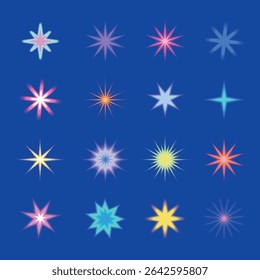 Colorful starburst patterns on a blue background. Each starburst is unique, with vibrant colors and glowing effects. Bright starburst designs for decoration. Cute glowing element set vector.