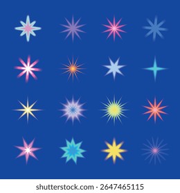 Colorful starburst patterns on a blue background. Each starburst is unique, with vibrant colors and glowing effects. Bright starburst designs for decoration. Cute glowing element set vector.