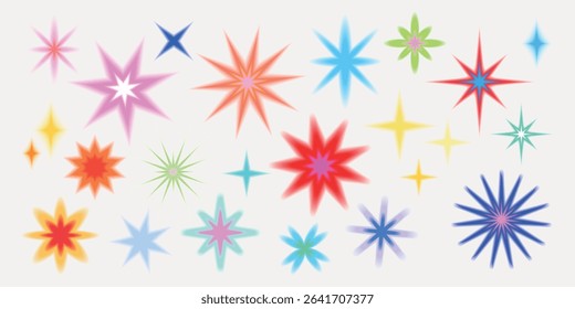 Colorful starburst shapes in various sizes and colors, including red, blue, and green. These starburst designs add a vibrant and dynamic touch to any project. Cute glowing element set vector.