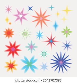 Colorful starburst shapes in various sizes and colors on a white background. Starburst designs include red, blue, green, and more, creating a vibrant starburst pattern. Cute glowing element set vector