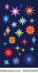 Colorful starburst shapes in various sizes and colors on a dark background. Bright, vibrant, and dynamic starburst designs create a lively and energetic visual effect. Cute glowing element set vector.