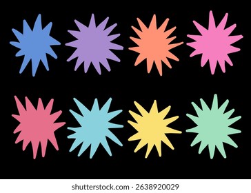 Colorful starbursts and explosion shapes vector. Abstract random pencil and crayon kids drawing. Hand drawn sparkle burst elements set