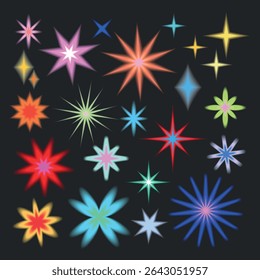 Colorful starbursts on a dark background. Various star shapes in vibrant colors like red, blue, and green. Bright starbursts in different sizes and hues. Cute glowing element set vector.