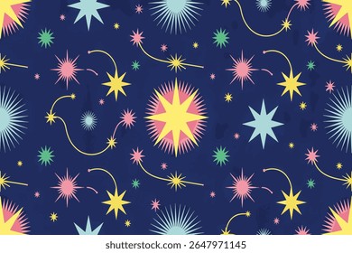 Colorful Starbursts and Swirls on Dark Blue Background