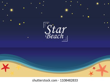 Colorful starfish at beach on summer night vector background.