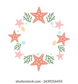 Colorful starfish and coral create a vibrant coastal wreath design for summer decoration