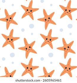 Colorful starfish pattern with faces on a white background creating a playful marine theme