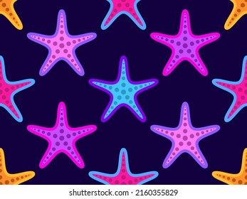 Coloridas estrellas de mar sin costura de fondo violeta. Siluetas estelares al estilo de las caricaturas. Para productos promocionales, papel envolvente e impresión. Ilustración del vector