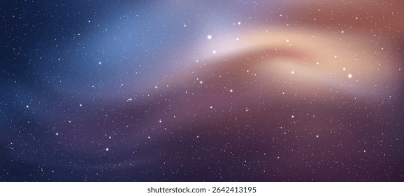 Colorful starry night sky with nebula. Blue to purple galaxy landscape. Cosmic background illustration for space concepts.