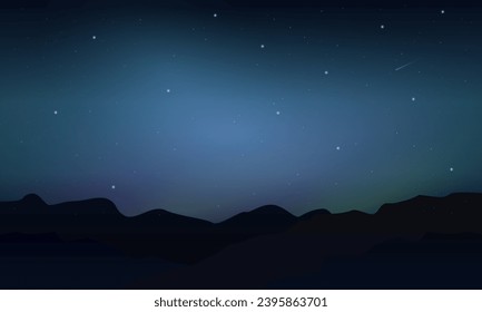 Colorful starry night sky vector background with northern lights, nebula in blue and purple, mountain silhouette in front