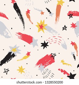 Colorful starry sky background: shooting stars, constellations, galaxy, milky way in scandinavian style. Cosmos art illustration, rough grunge brush strokes, doodle textures. Kids design for nursery