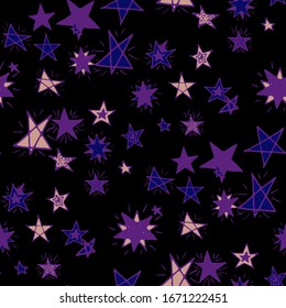 Colorful Starry Stripes in Simple Style. Doodle Background with Stars. Childish Background for Print, Decoration or Card. Cute Doodle Pattern. Seamless Primitive Stars. Seamless Pattern for Children.