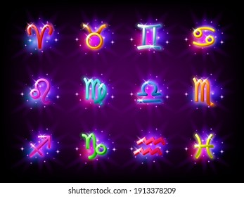 Colorful starry zodiac signs set. Horoscope. Aries and Taurus, Gemini, Cancer, Leo, Virgo, Libra, Scorpio, Sagittarius Capricorn Aquarius and Pisces Vector illustration