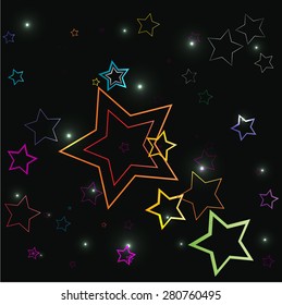 Colorful stars, black background, vector illustration. 