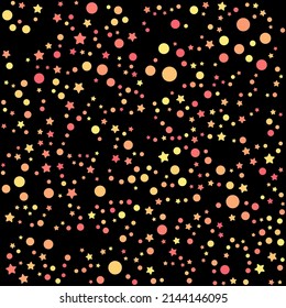 Colorful stars and circles pattern on the black background. Vector illustration.