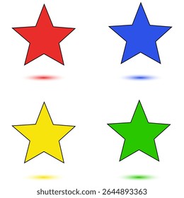 Coleção de estrelas coloridas. Conjunto de formas geométricas. Símbolos vetoriais brilhantes. Elementos gráficos de variedade.