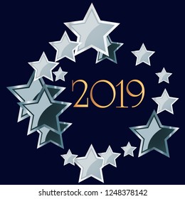 Colorful stars confetti and lettering 2019. Christmas backdrop. Shiny abstract glowing design. New Year cover.